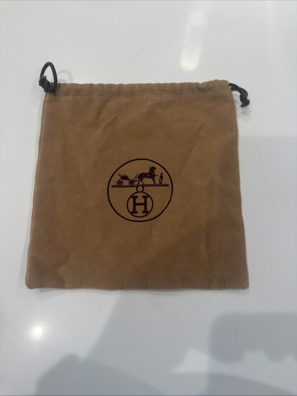 Hermes Tan Suede Drawstring Pouch with Horse-and-Carriage Logo